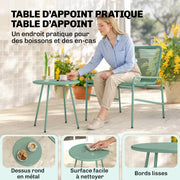 Salon de Jardin Extérieur 3 Pièces en Résine Tressée et Acier, Table de Jardin Ronde avec 2 Chaises, 58x67x75cm, Vert-5