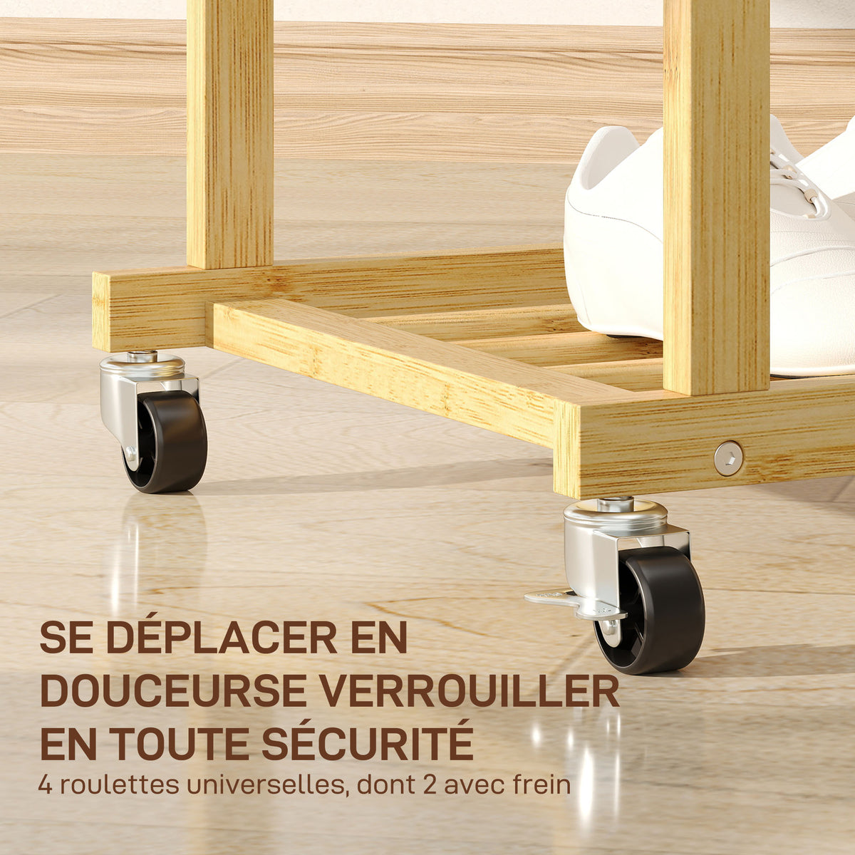 Portant à vêtements à roulettes, porte-manteau double barre en bambou avec étagère inférieure, 80x40x160cm, bois naturel-4