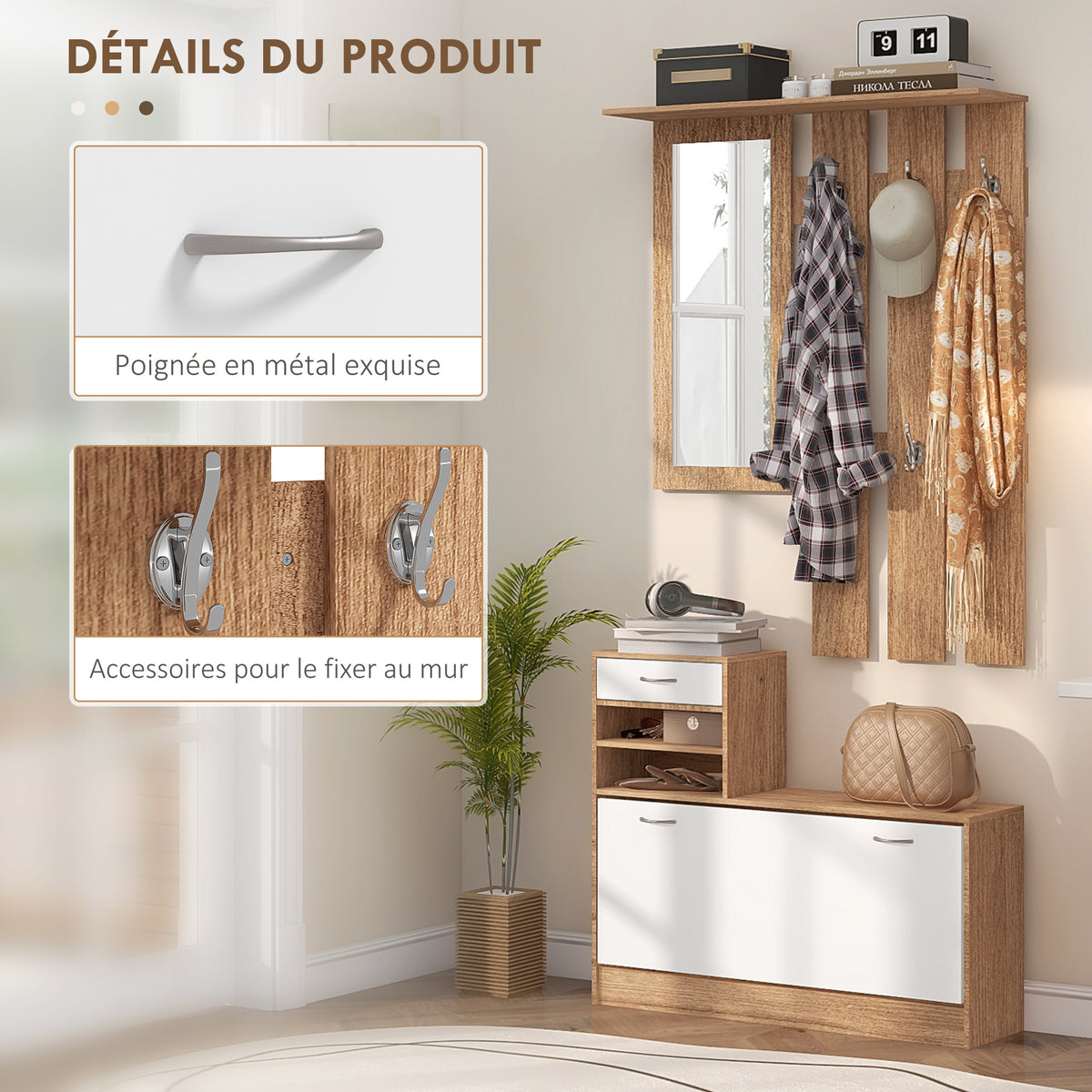 Meuble d'entrée vestiaire avec panneau porte-manteau, miroir et banc à chaussures - 6 crochets et étagère réglable-4