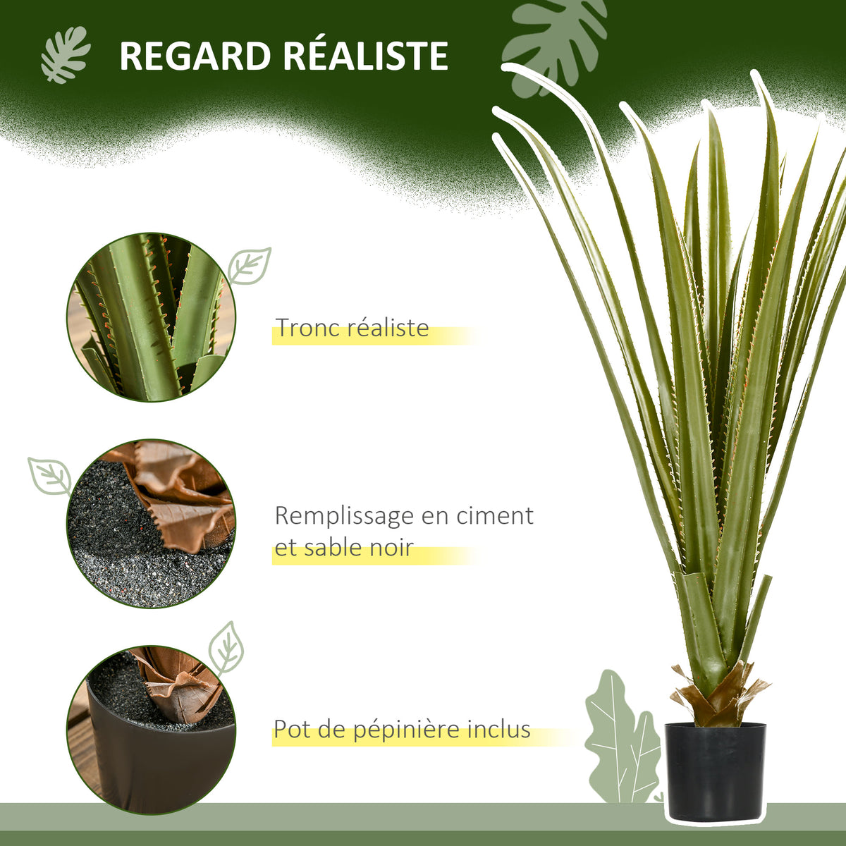 Agave artificiel 90 cm, 16 feuilles, pot ciment-1