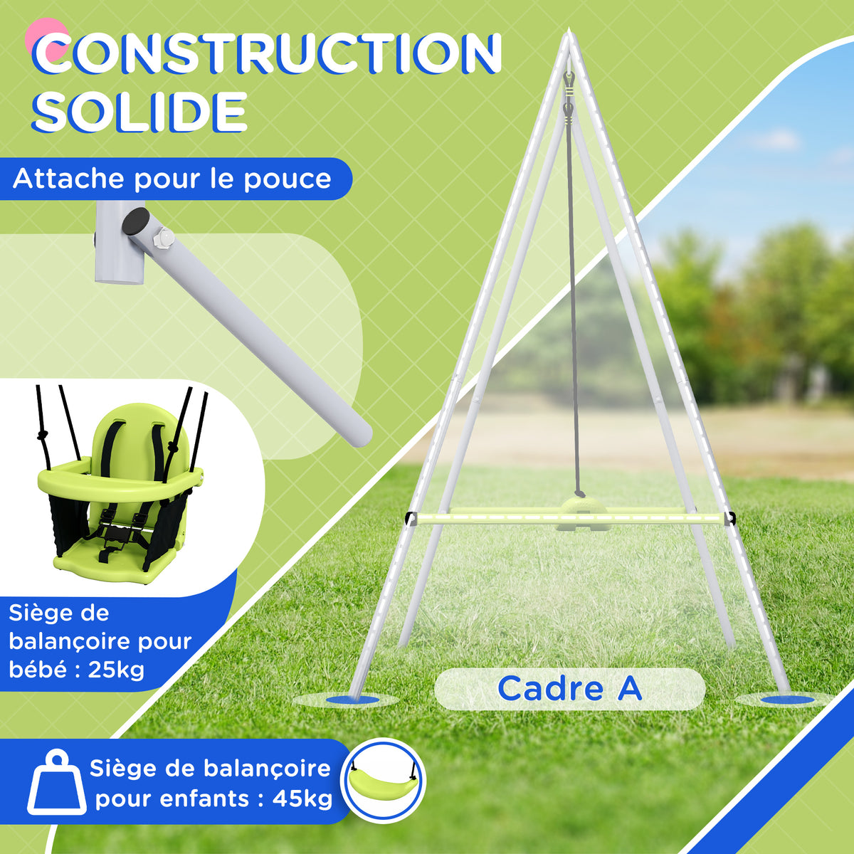Balançoire portique balançoire 2 en 1 pour bébé ceinture de sécurité à 5 points intérieure extérieure vert-3
