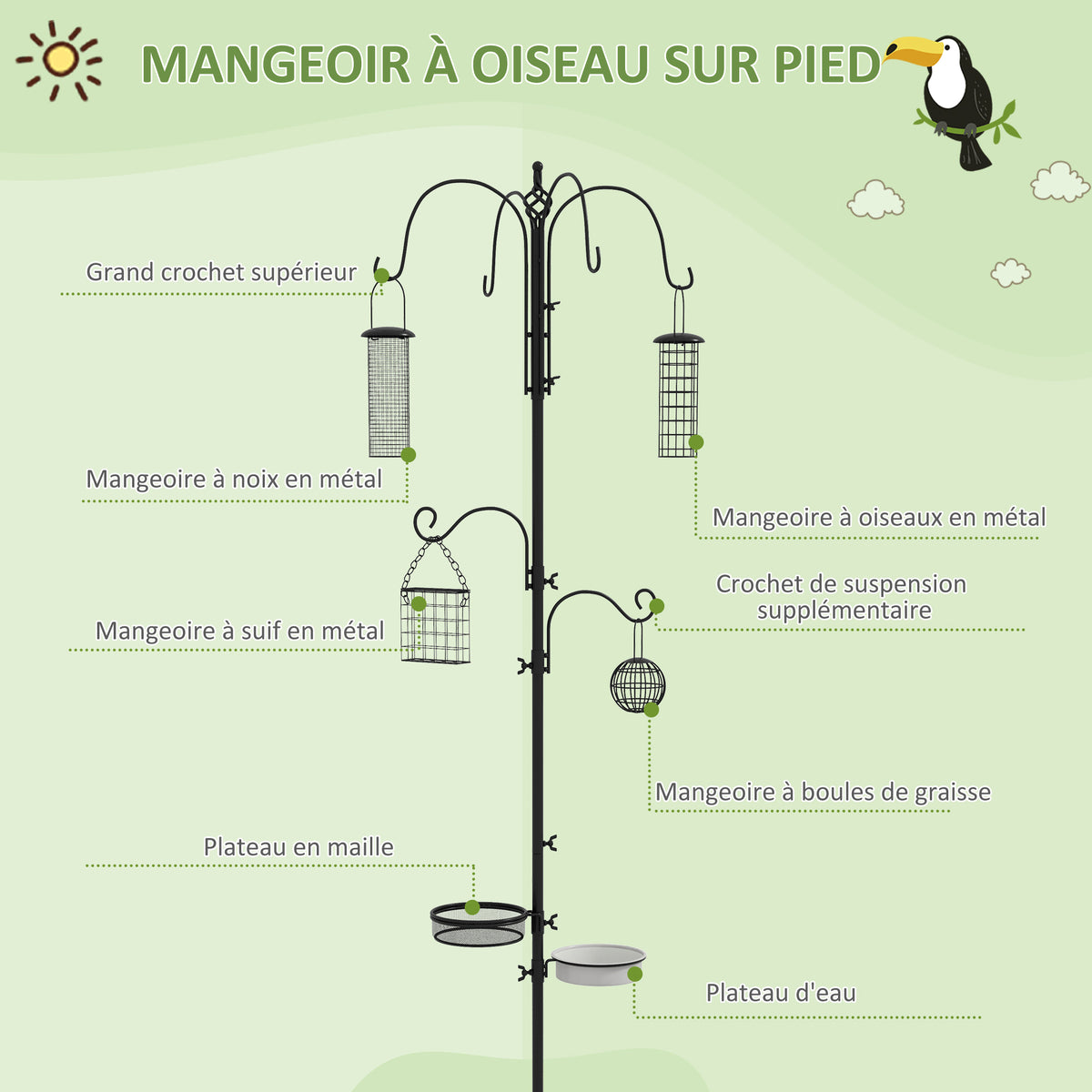 Station d'alimentation mangeoir à oiseaux sur pied 6 crochets 4 mangeoires suspendues pour cacahuètes graines boules de graisse noir-3