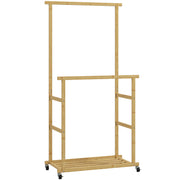 Portant à vêtements à roulettes, porte-manteau double barre en bambou avec étagère inférieure, 80x40x160cm, bois naturel-0