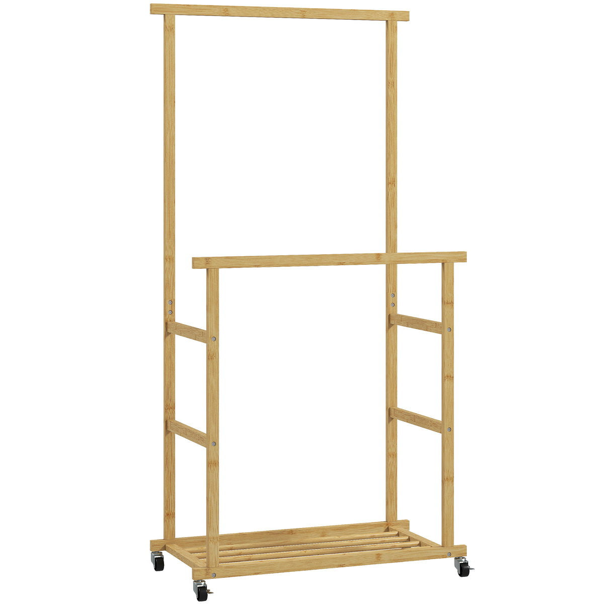 Portant à vêtements à roulettes, porte-manteau double barre en bambou avec étagère inférieure, 80x40x160cm, bois naturel-0