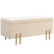 Banc de rangement coffre de rangement design contemporain - espace de rangement velours beige piètement métal doré-0