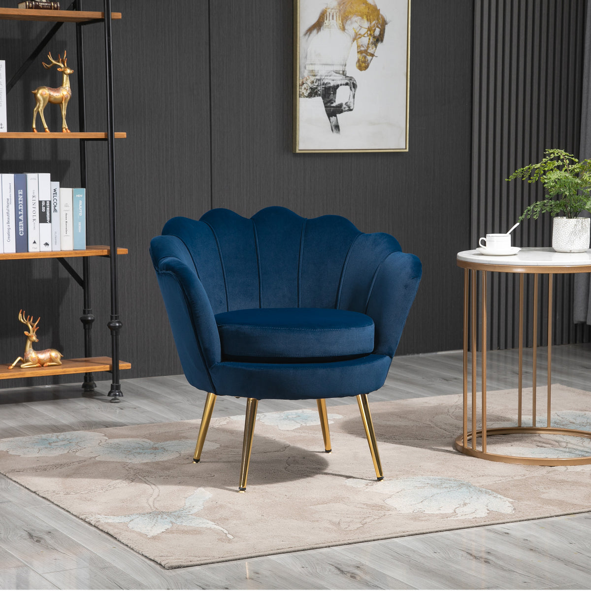 Fauteuil salon fauteuil en velours fauteuil coquillage avec pieds en métal doré pour chambre à coucher, bleu-1