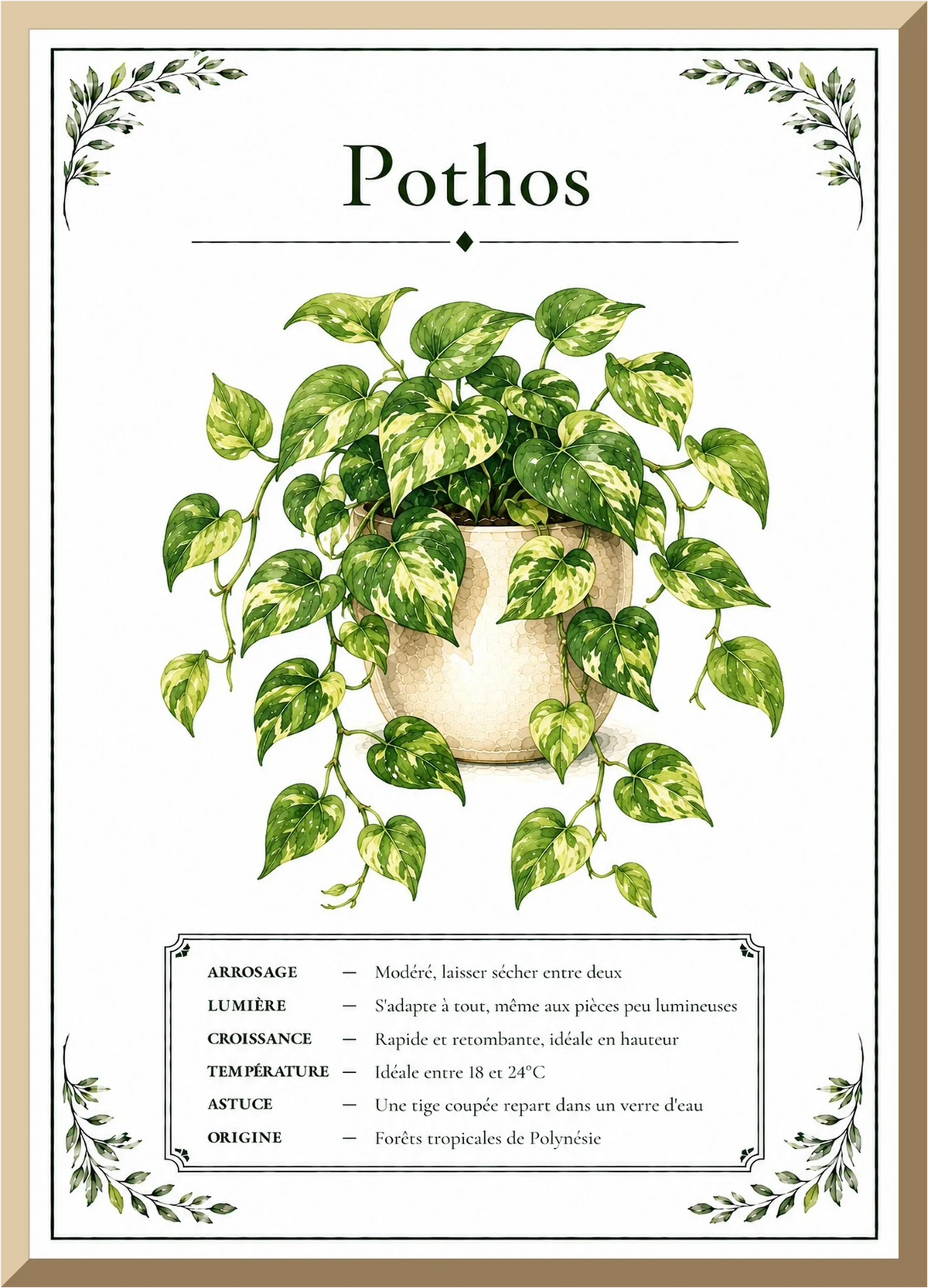 Affiche botanique Pothos – illustration végétale