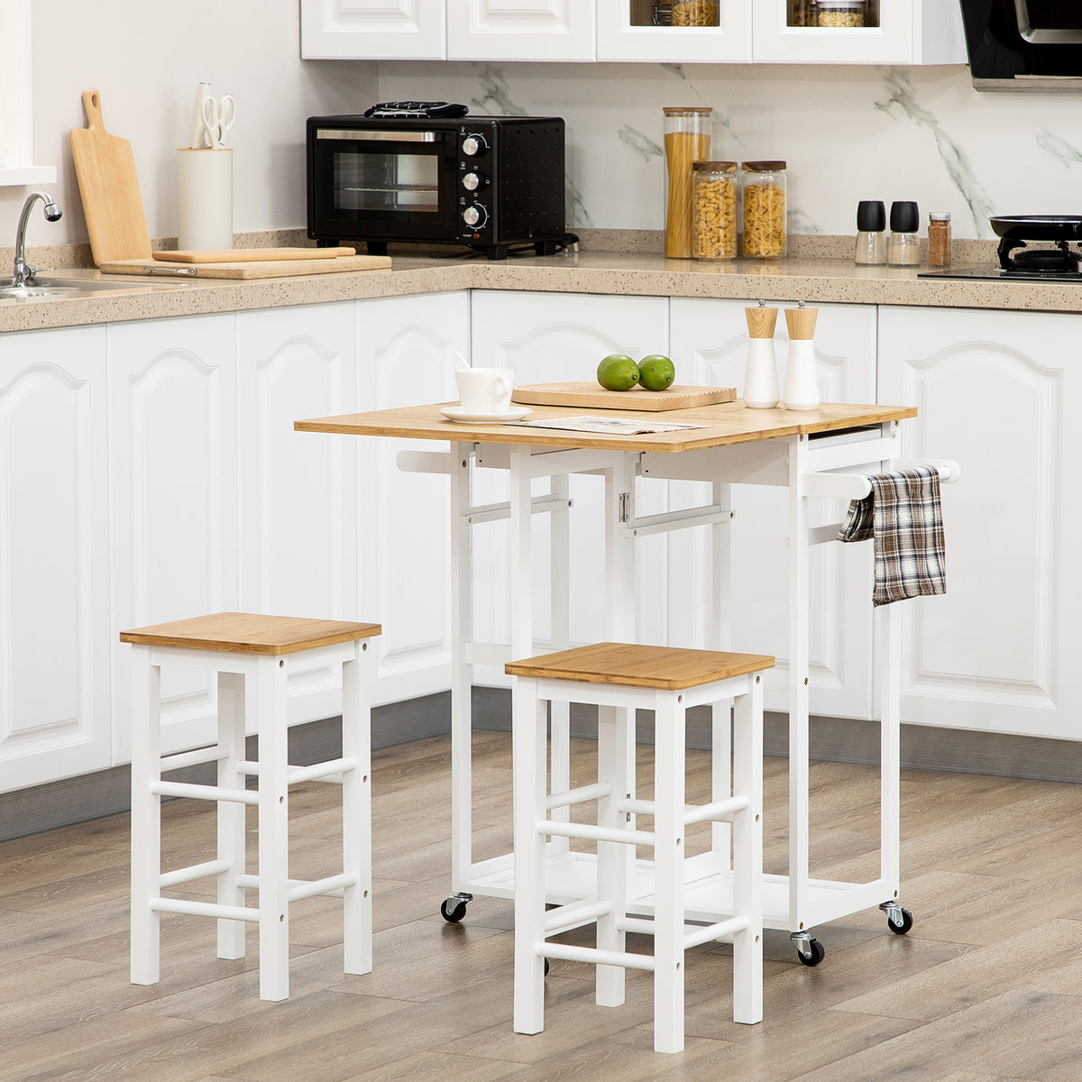 Ensemble table de bar pliable roulettes + 2 tabourets blanc et bois clair - 2 tiroirs et porte-torchons-1