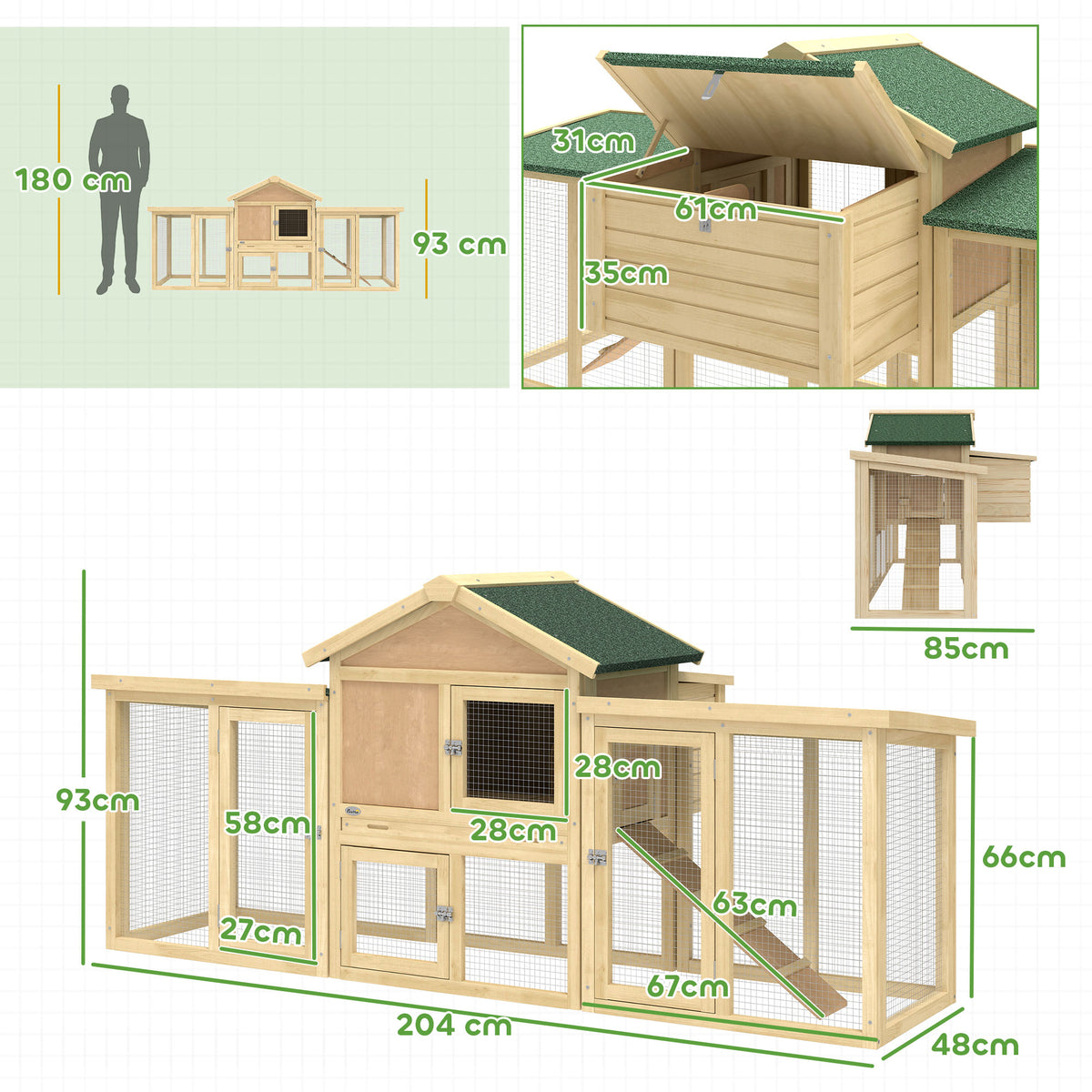 Poulailler clapier modèle chalet multi-équipé : rampes, nichoirs, plateau, en bois massif 204 x 85 x 93 cm bois naturel-2