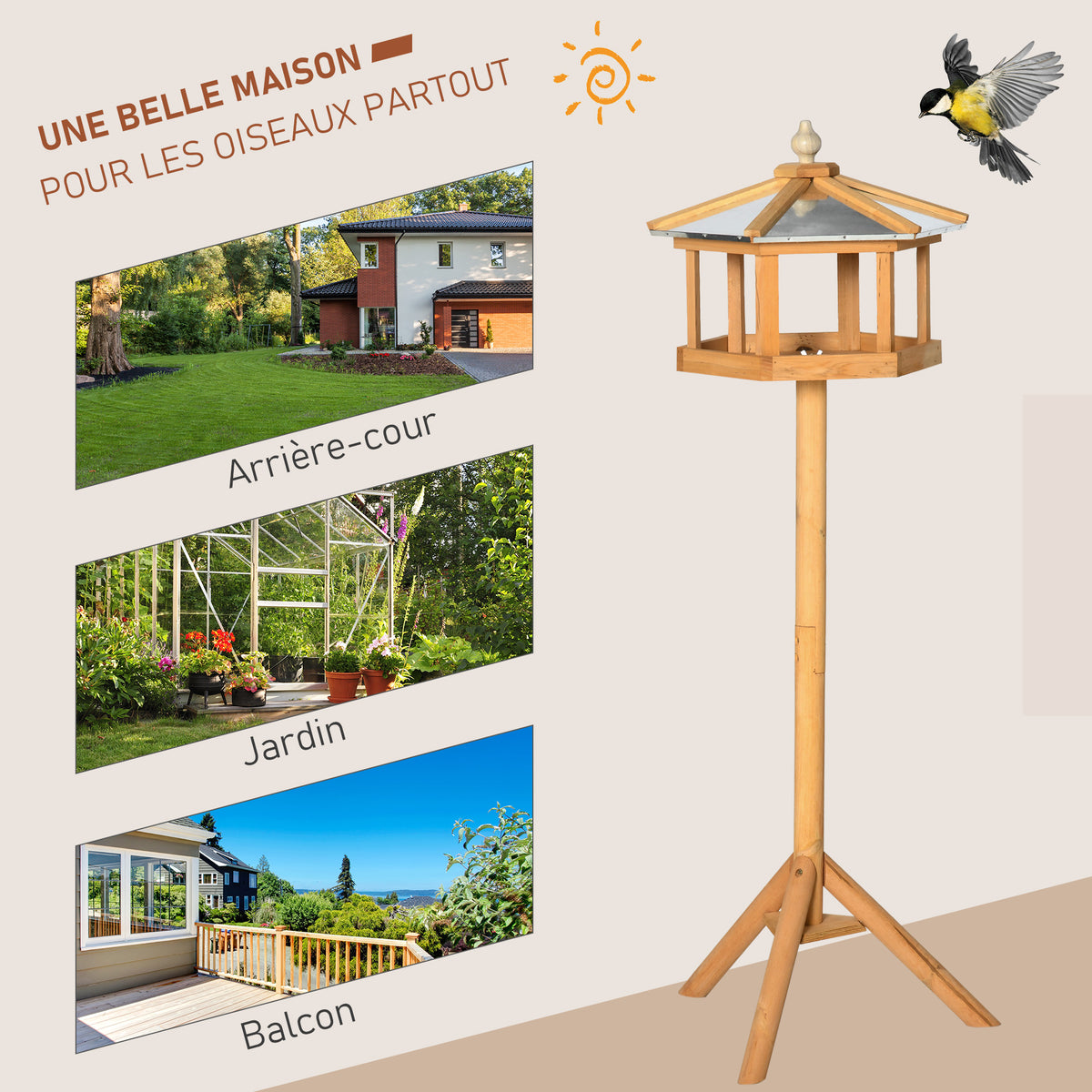 Mangeoire Mangeoire pour oiseaux sauvages sur Pied nichoir a Plateau Station a Oiseau Abris à oiseaux Bois pour Exterieur 113 cm-3