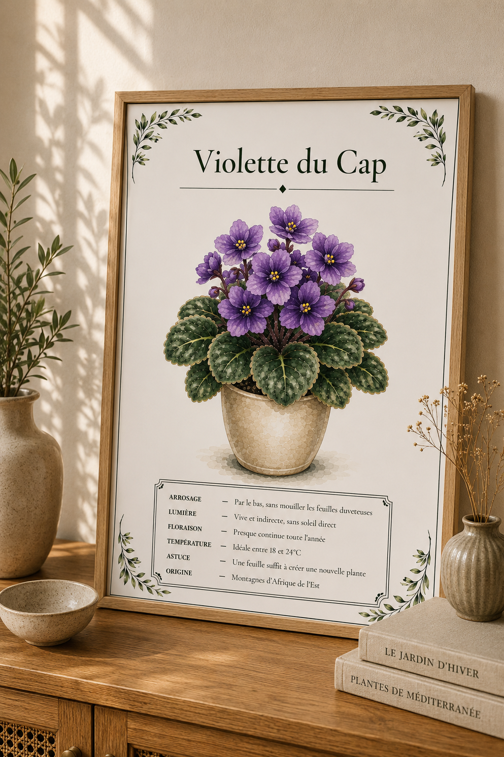 Affiche botanique Violette du Cap à l’aquarelle