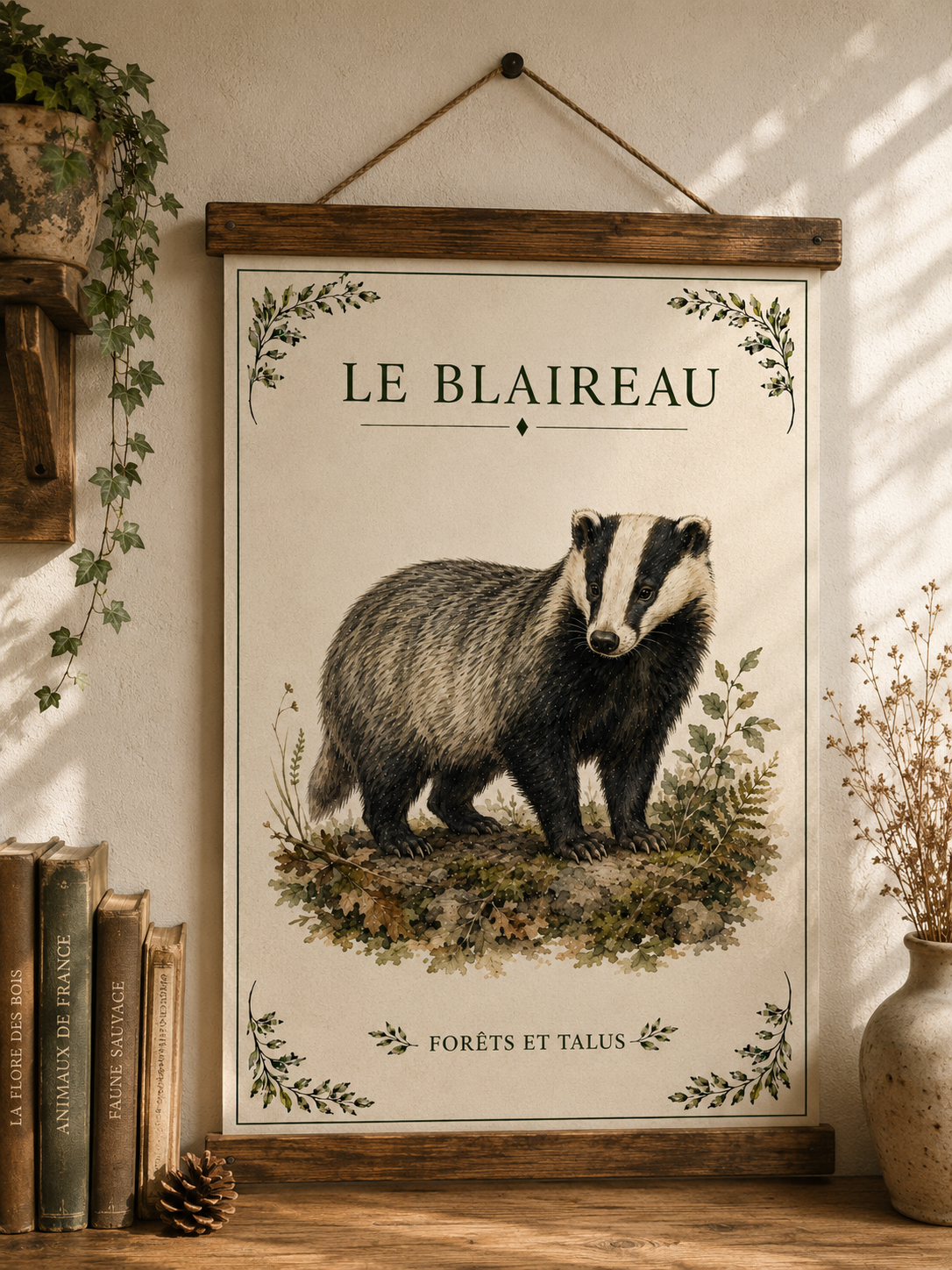 Affiche naturaliste Blaireau à l’aquarelle