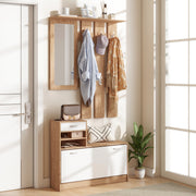 Meuble d'entrée vestiaire avec panneau porte-manteau, miroir et banc à chaussures - 6 crochets et étagère réglable-1