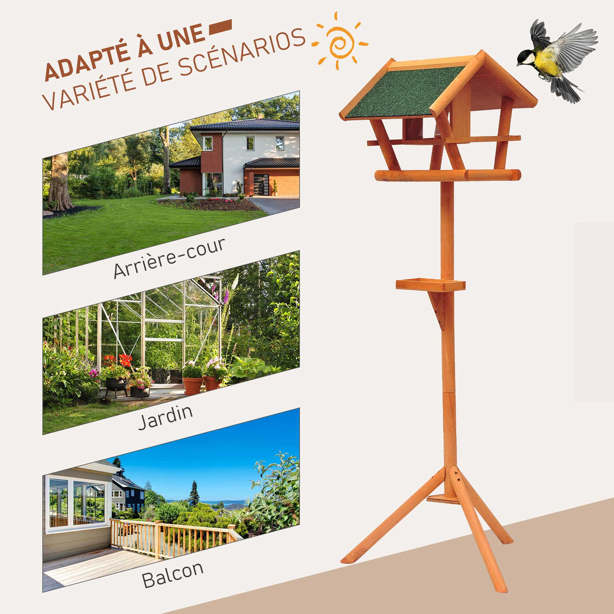 Mangeoire pour Oiseaux Sauvages sur Pied, Nichoir à Plateau, Abri à Oiseaux en Bois pour Extérieur, 150cm-3