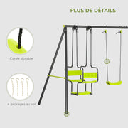 Balançoire 4 agrès portique avec balançoire - dim. 3,55L x 1,84l x 1,86H m métal époxy anticorrosion PE Gris-6