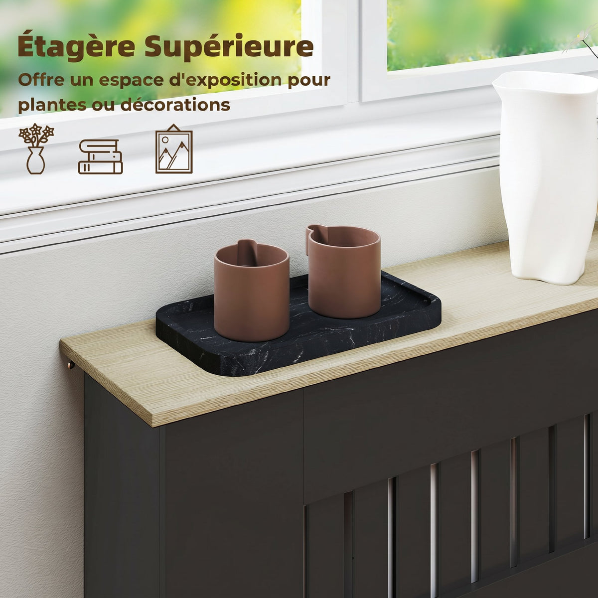 Couvercle de Radiateur en Bois à Lattes avec Détails Croisés et Étagère Supérieure, 78 x 19 x 81 cm, Noir-4