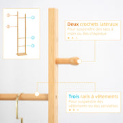 Porte manteau sur pied portant à vêtements, Vestiaire en bois avec 3 tringles et 2 crochets-3