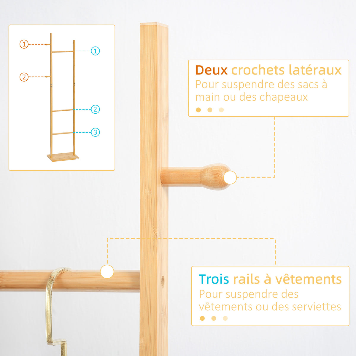 Porte manteau sur pied portant à vêtements, Vestiaire en bois avec 3 tringles et 2 crochets-3