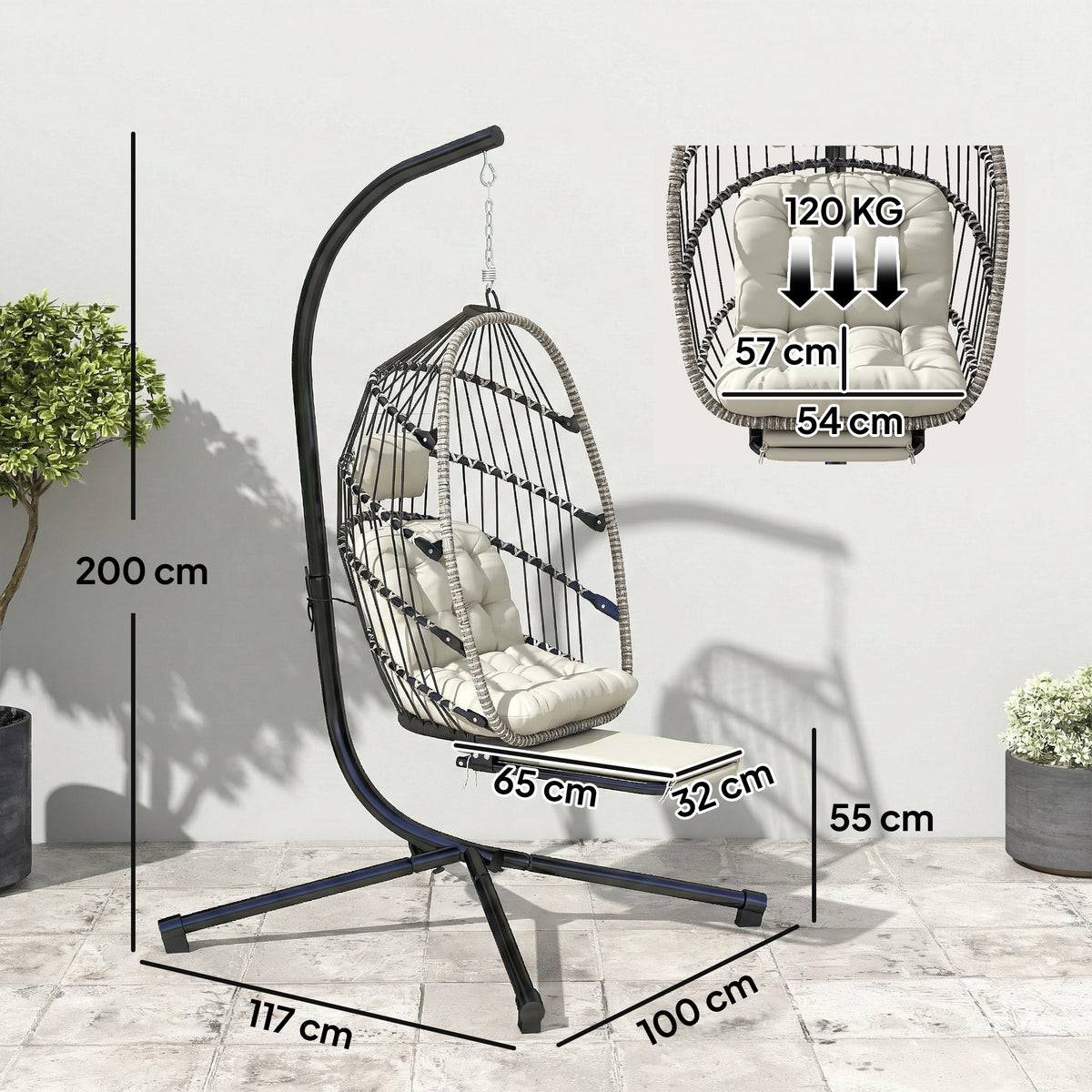 Fauteuil suspendu avec support, chaise suspendue pliante avec repose-pieds rétractable, gris clair-2