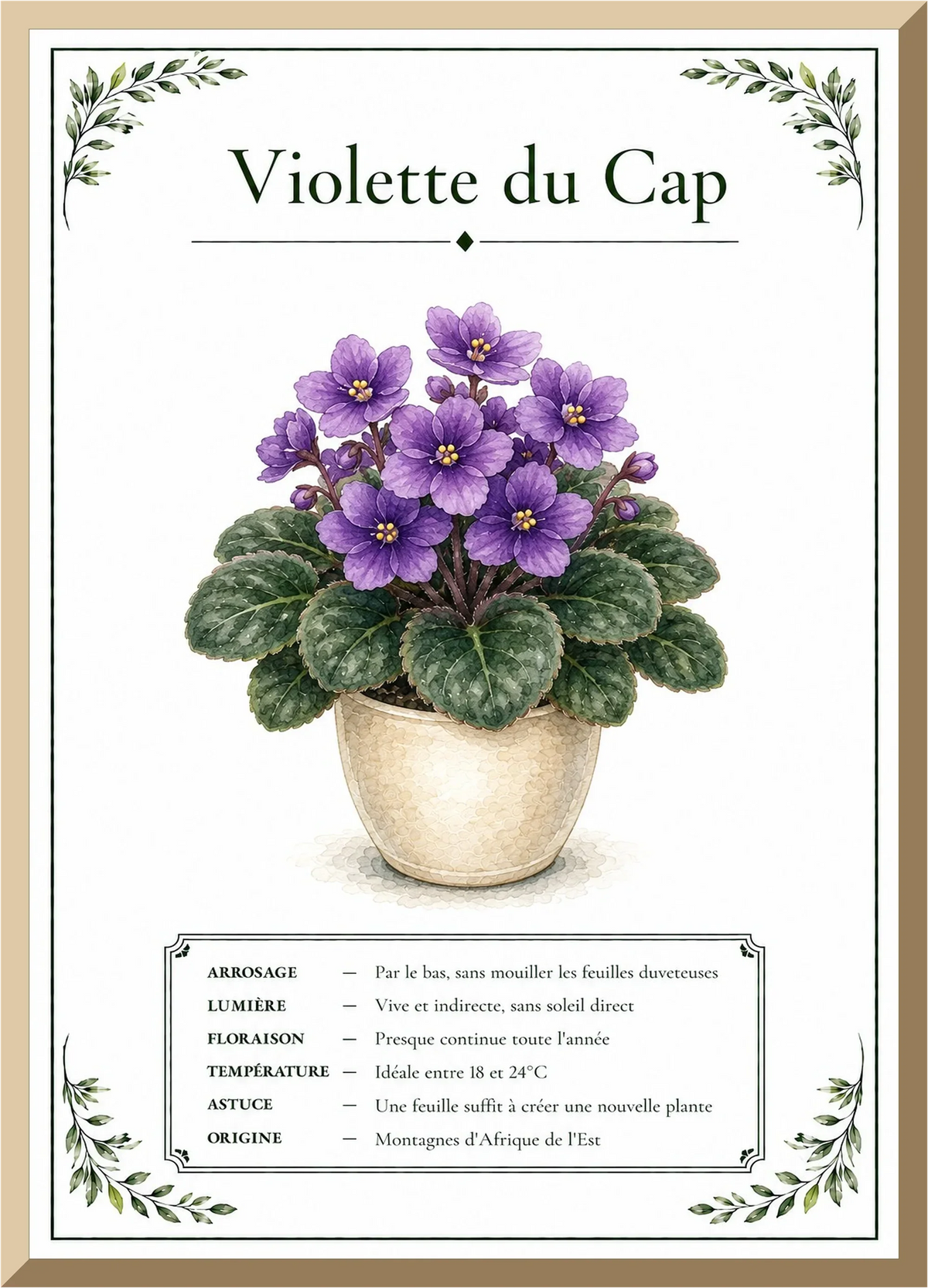 Affiche botanique Violette du Cap – illustration florale