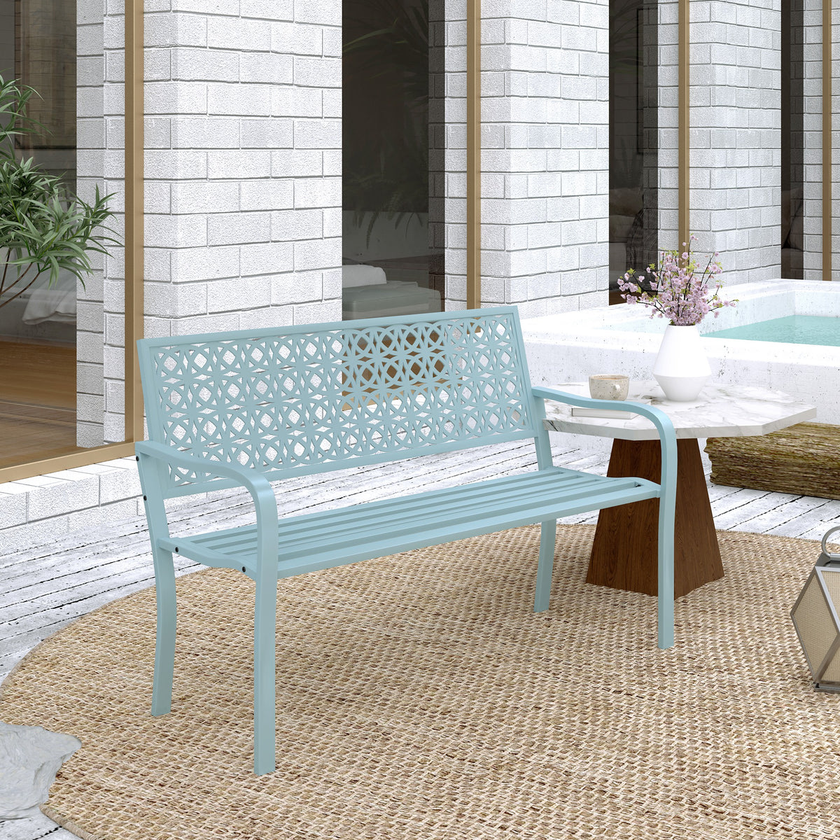 Banc de jardin 2 places, banc extérieur jardin en acier avec dossier ajouré, 127 x 63 x 85 cm, bleu-1