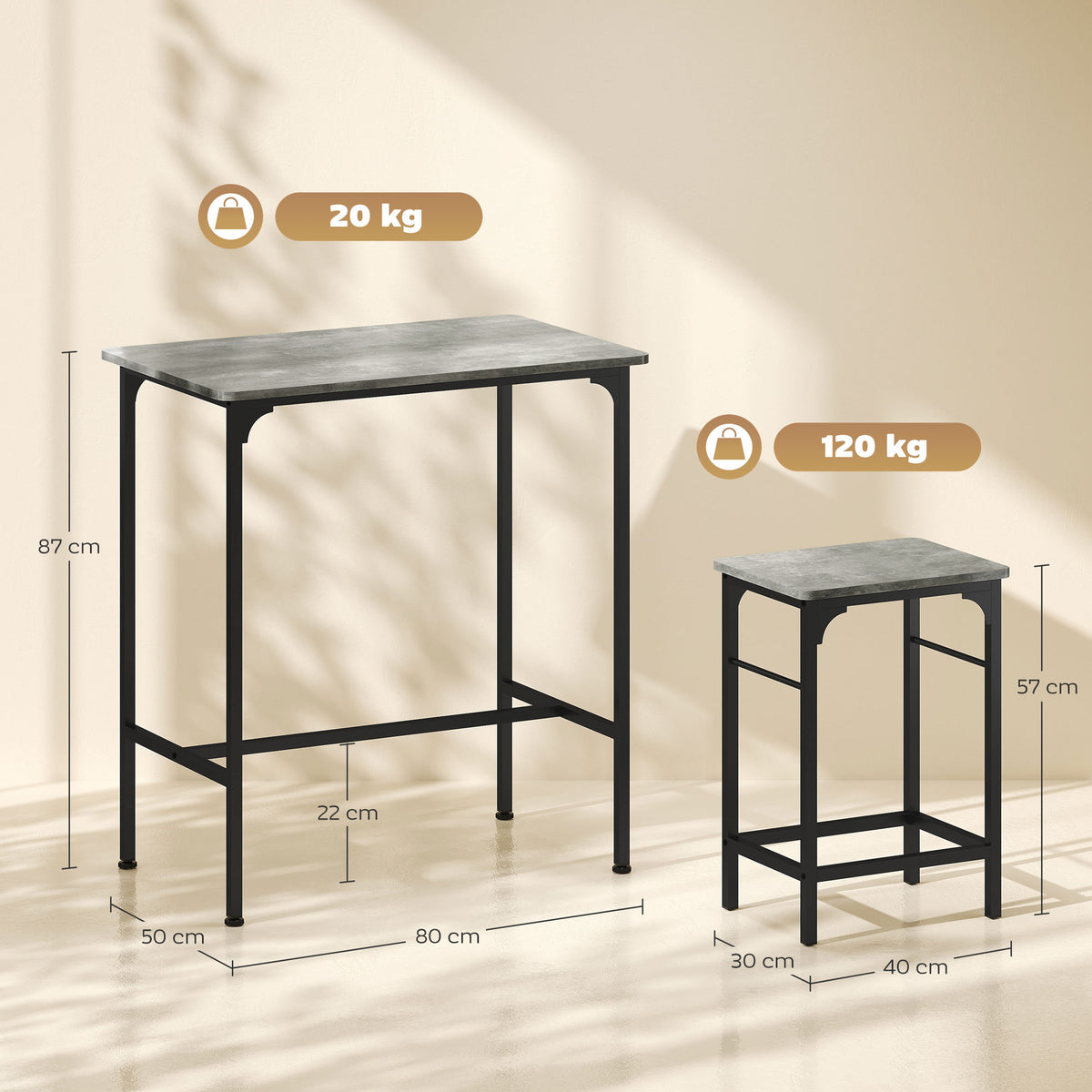Ensemble table de bar avec 2 tabourets, cadre en acier pour cuisine, salle à manger et salon, gris-2