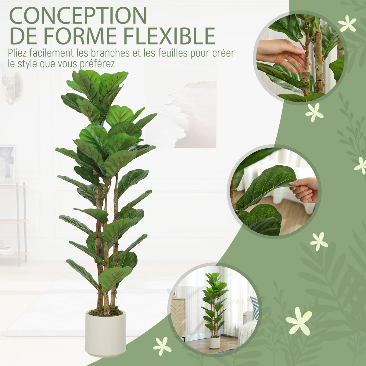 Ficus artificiel figuier lyre 120 cm, tronc en bois massif, pot inclus, intérieur-3