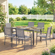 Salon de Jardin Ensemble Mobilier de Jardin 7 Pièces Table Effet Bois 6 Chaises Empilables en Textilène 140x80x72cm Gris-1