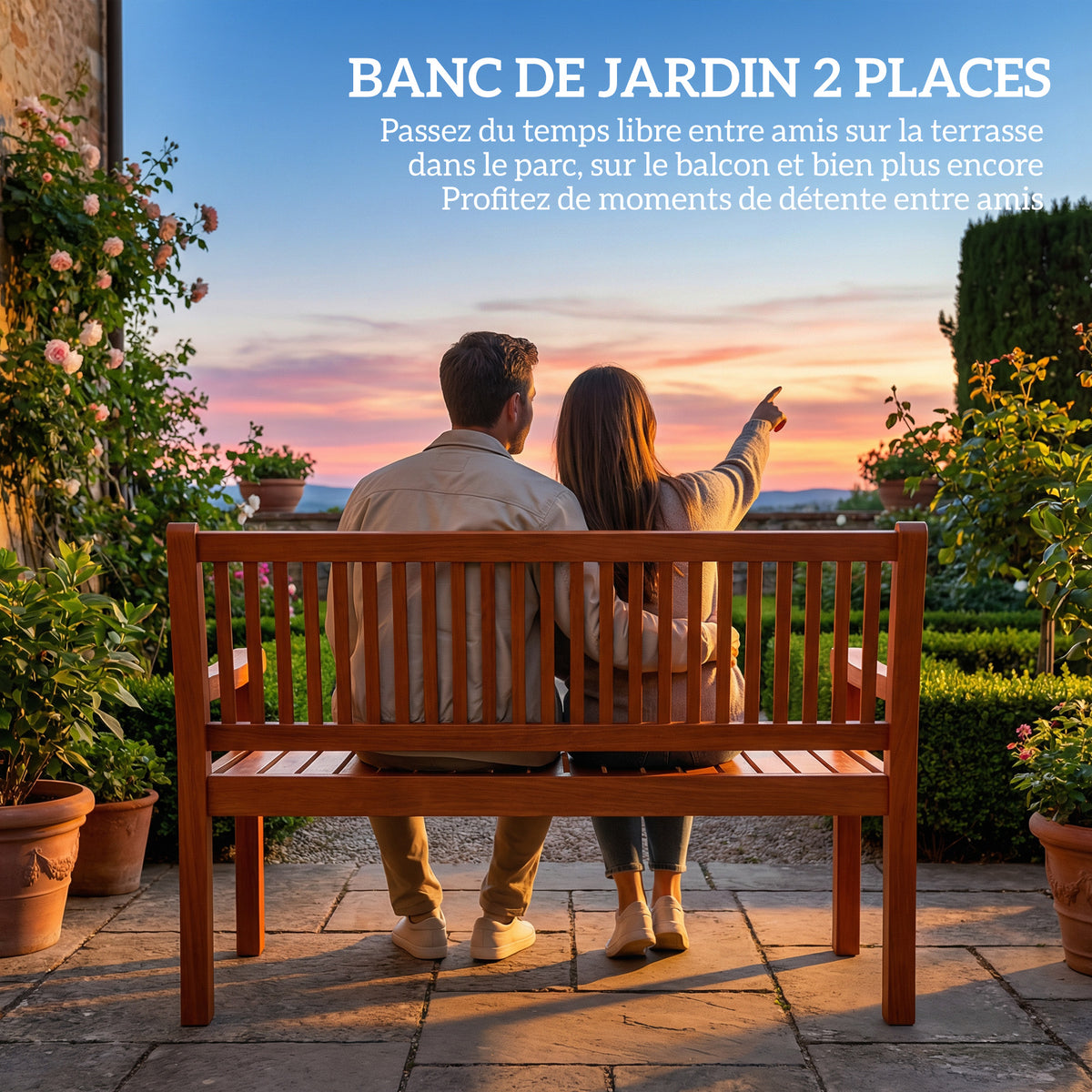 Banc de Jardin Banc Extérieur 2 Places avec Housse Imperméable et Dossier Ergonomique Bois Marron Clair-4