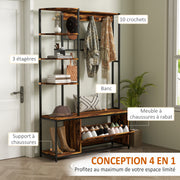 Porte-manteau avec étagère à chaussures 10 crochets, 3 étagères, armoire à chaussures rabattable 2 niveaux, marron-3
