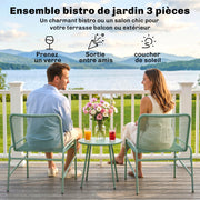 Salon de Jardin Extérieur 3 Pièces en Résine Tressée et Acier, Table de Jardin Ronde avec 2 Chaises, 58x67x75cm, Vert-3