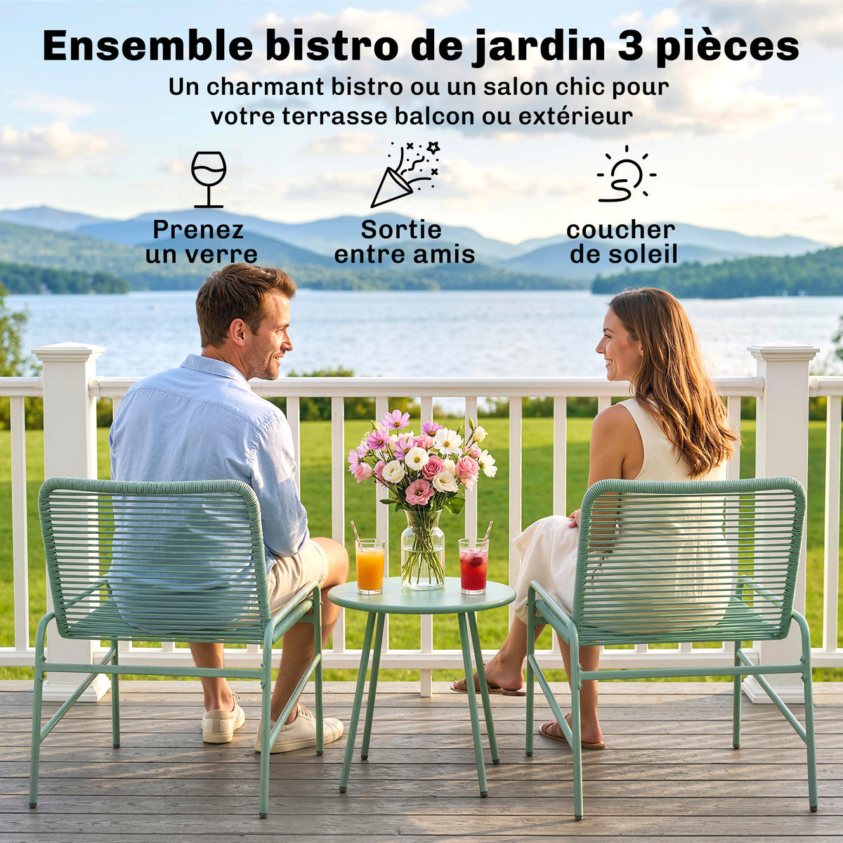 Salon de Jardin Extérieur 3 Pièces en Résine Tressée et Acier, Table de Jardin Ronde avec 2 Chaises, 58x67x75cm, Vert-3