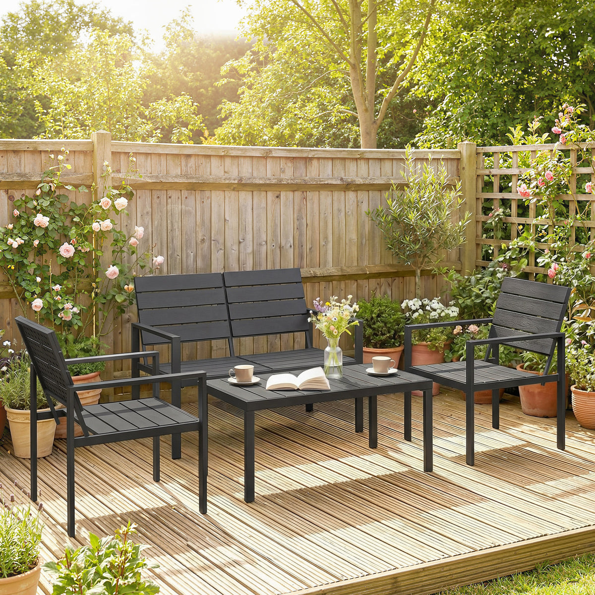 Salon de Jardin Extérieur 4 Pièces, Canapé 2 Places, 2 Chaises, Table Basse, Mobilier de Jardin en HDPE Effet Bois Noir-1