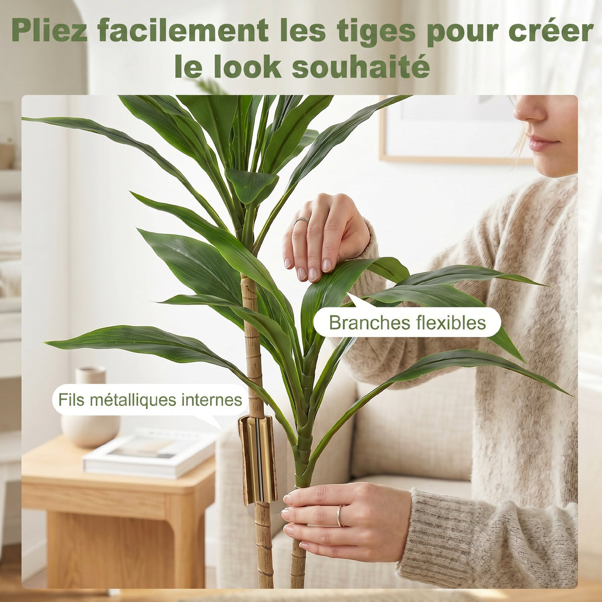 Cordyline artificielle 90 cm, 29 feuilles, pot ciment-3