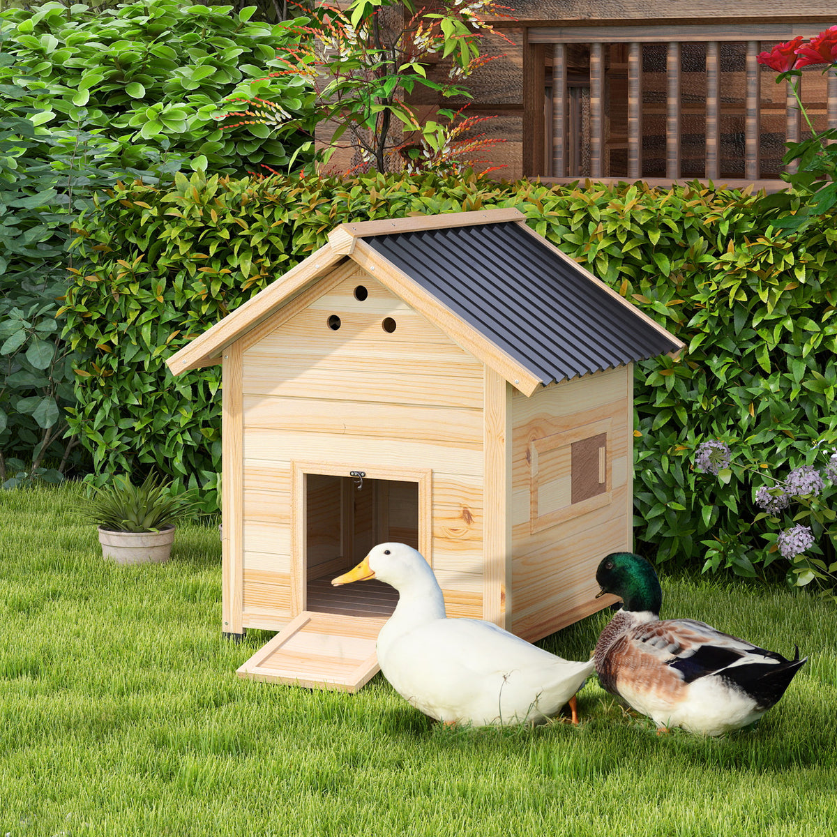 Poulailler en bois pour canards, 78x90x92cm-2